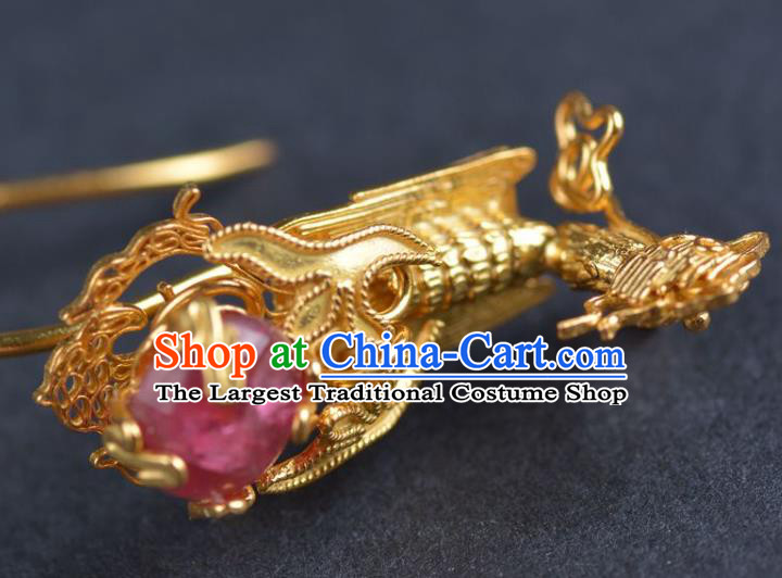 Handmade Chinese Traditional Ming Dynasty Wedding Ear Accessories Ancient Empress Golden Phoenix Earrings Jewelry