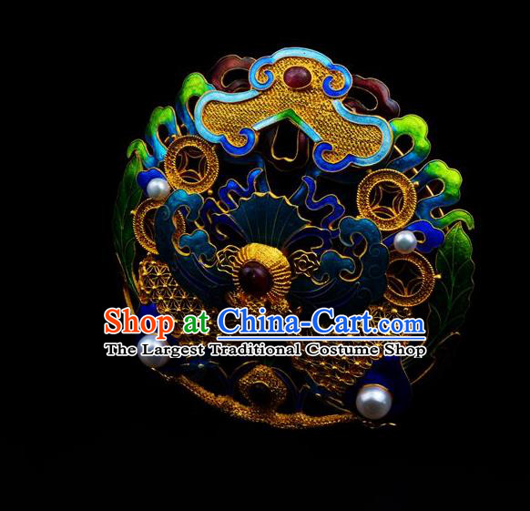 Traditional China Ancient Empress Gems Blueing Hairpin Handmade Hair Ornament Qing Dynasty Palace Cloisonne Hair Crown