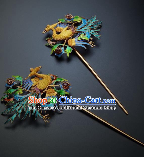 Traditional China Handmade Hair Ornament Ancient Empress Hairpin Qing Dynasty Palace Cloisonne Phoenix Hair Stick