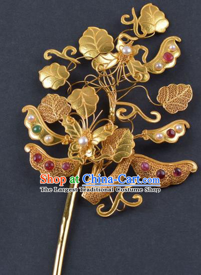China Traditional Qing Dynasty Palace Gems Pearls Hair Stick Handmade Hair Jewelry Ancient Empress Golden Peasecod Hairpin