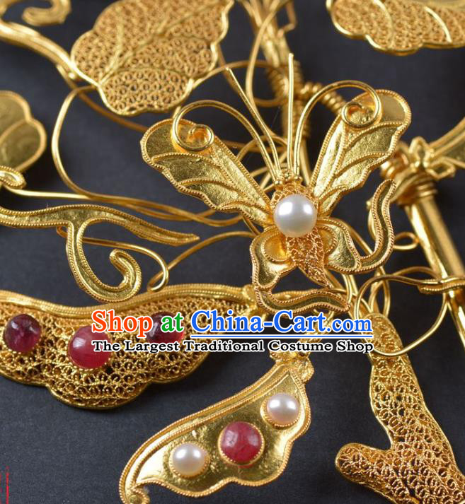 China Traditional Qing Dynasty Palace Gems Pearls Hair Stick Handmade Hair Jewelry Ancient Empress Golden Peasecod Hairpin