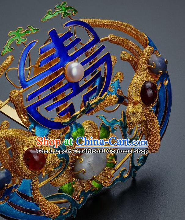 Traditional China Qing Dynasty Palace Cloisonne Hair Crown Handmade Hair Ornament Ancient Empress Gems Hairpin