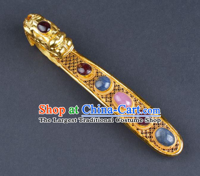 Chinese Ancient Ming Dynasty Emperor Golden Belt Hook Traditional Hanfu Gems Waist Buckle Accessories