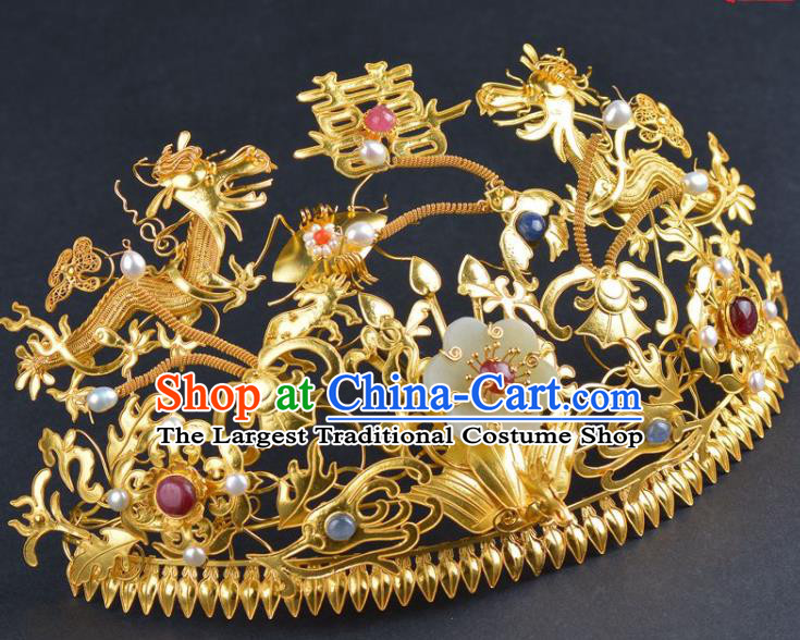 China Traditional Ming Dynasty Jade Flower Hair Crown Handmade Hair Jewelry Ancient Wedding Phoenix Coronet