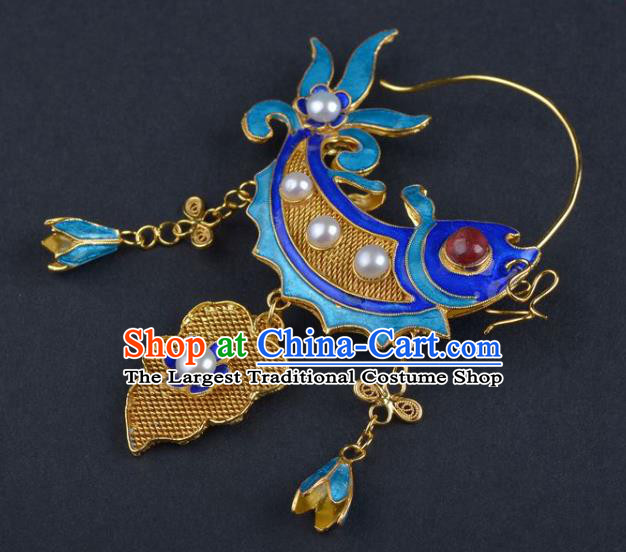 Handmade Chinese Blueing Earrings Traditional Ming Dynasty Court Carp Accessories Ancient Empress Pearls Jewelry