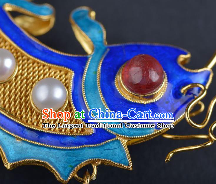 Handmade Chinese Blueing Earrings Traditional Ming Dynasty Court Carp Accessories Ancient Empress Pearls Jewelry