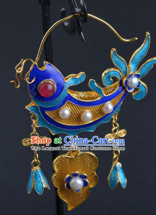 Handmade Chinese Blueing Earrings Traditional Ming Dynasty Court Carp Accessories Ancient Empress Pearls Jewelry