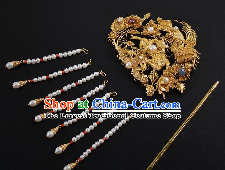 China Handmade Hair Jewelry Ancient Empress Pearls Tassel Hairpin Traditional Qing Dynasty Palace Golden Phoenix Hair Stick