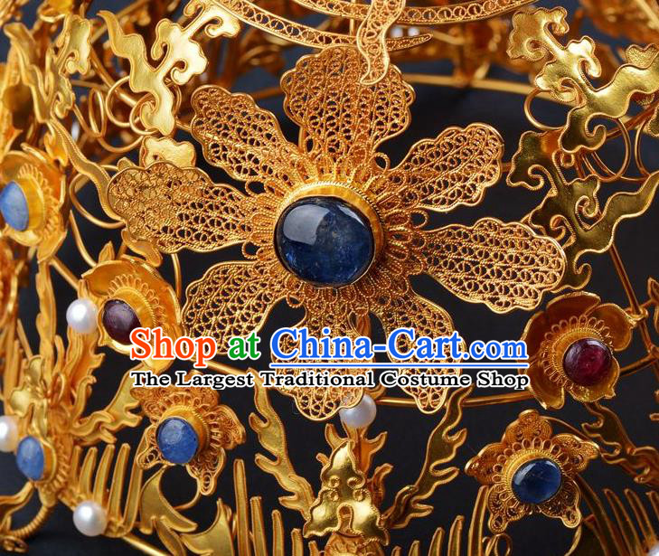 China Ancient Empress Gems Hair Crown Handmade Palace Hair Jewelry Traditional Ming Dynasty Hairpin Coronet