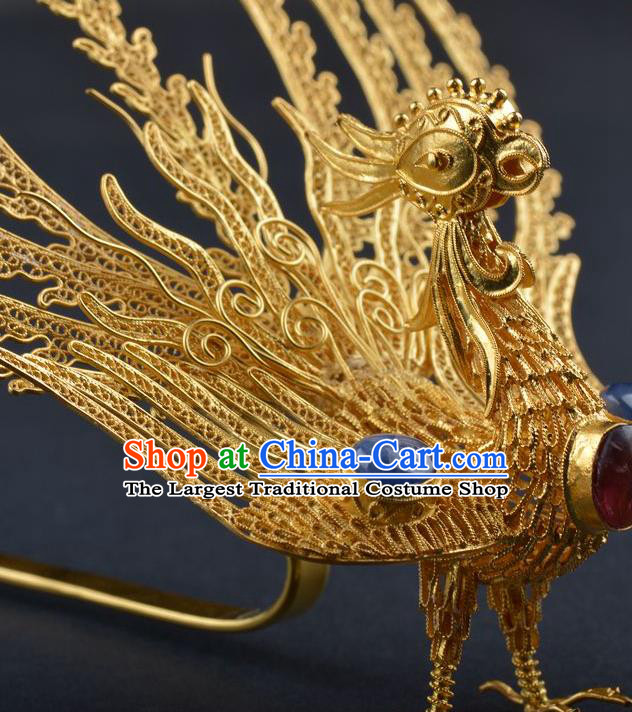 Traditional China Ancient Empress Sapphire Hairpin Handmade Palace Hair Ornament Ming Dynasty Filigree Phoenix Hair Crown
