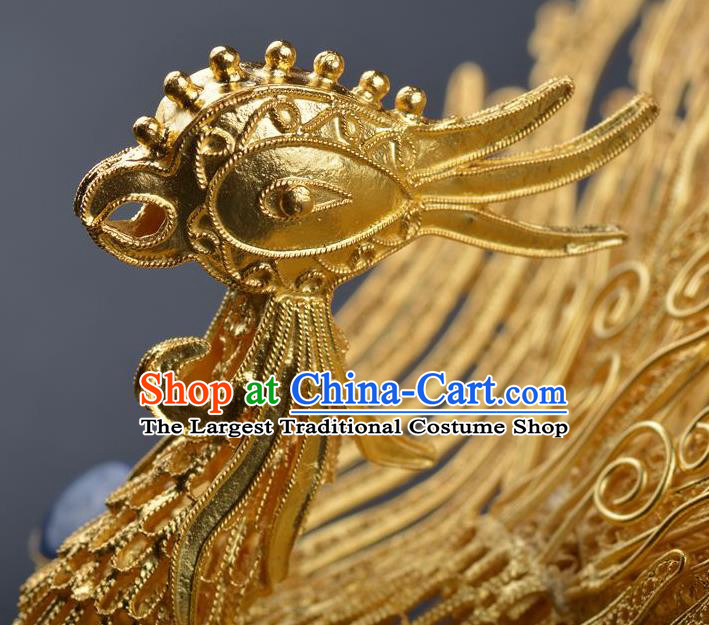 Traditional China Ancient Empress Sapphire Hairpin Handmade Palace Hair Ornament Ming Dynasty Filigree Phoenix Hair Crown