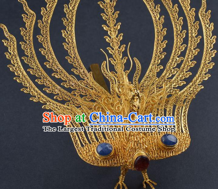 Traditional China Ancient Empress Sapphire Hairpin Handmade Palace Hair Ornament Ming Dynasty Filigree Phoenix Hair Crown