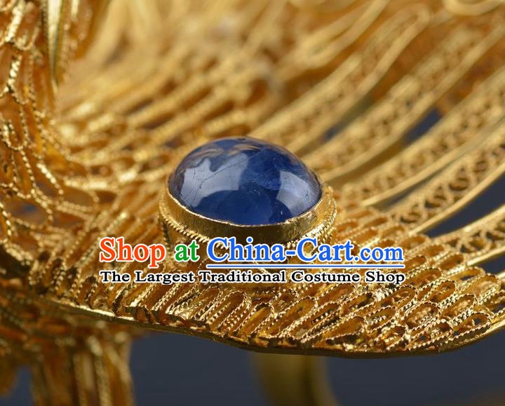 Traditional China Ancient Empress Sapphire Hairpin Handmade Palace Hair Ornament Ming Dynasty Filigree Phoenix Hair Crown