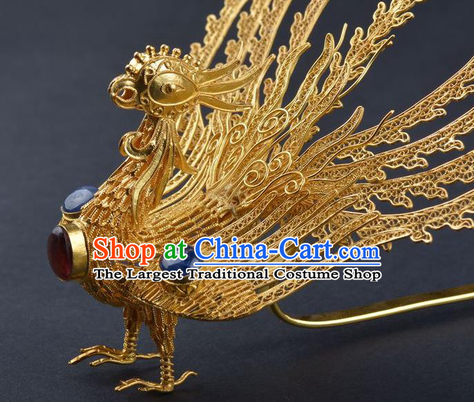 Traditional China Ancient Empress Sapphire Hairpin Handmade Palace Hair Ornament Ming Dynasty Filigree Phoenix Hair Crown