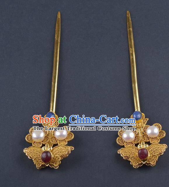 Traditional China Ming Dynasty Filigree Plum Blossom Hair Stick Handmade Palace Hair Ornament Ancient Empress Pearls Butterfly Hairpin