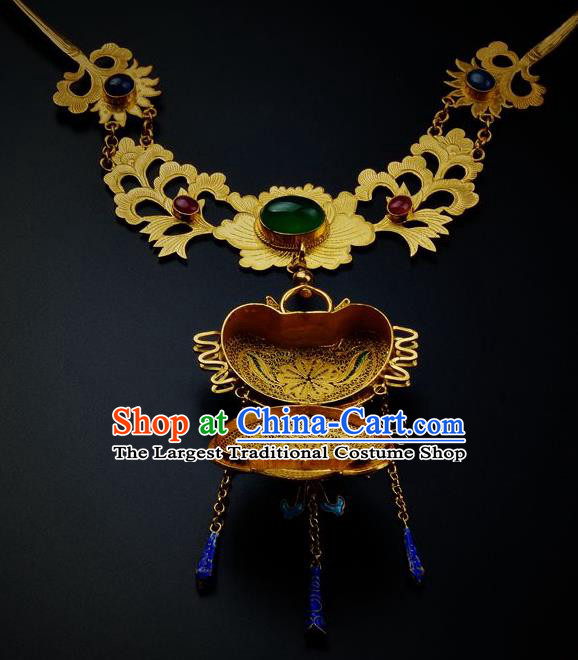 Handmade Chinese Traditional Ming Dynasty Golden Lotus Necklace Accessories Ancient Empress Gems Necklet Jewelry