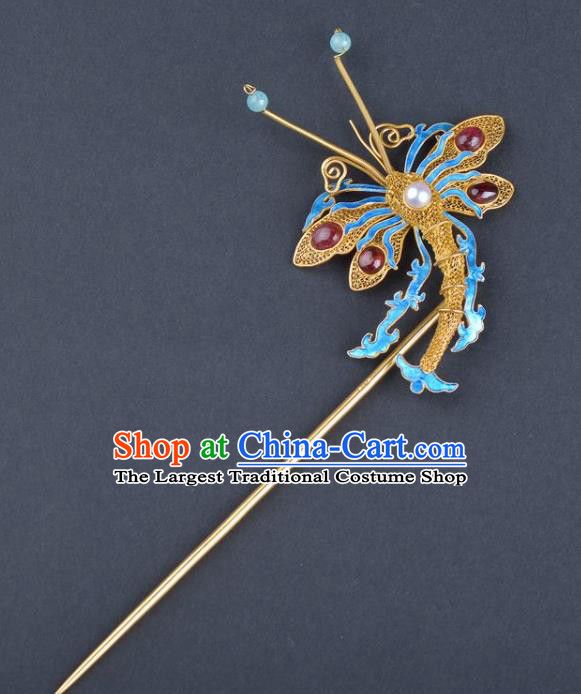 Traditional China Handmade Ruby Hair Ornament Qing Dynasty Palace Hairpin Ancient Empress Enamel Dragonfly Hair Stick