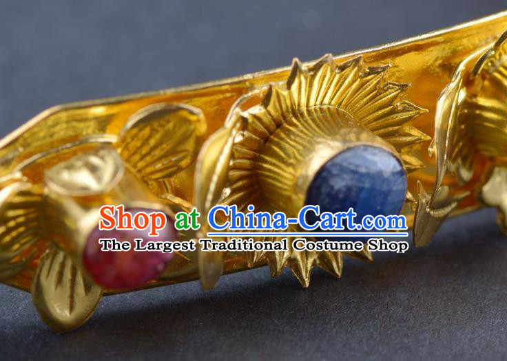 Traditional China Ming Dynasty Palace Hairpin Ancient Empress Golden Hair Crown Handmade Gems Hair Ornament