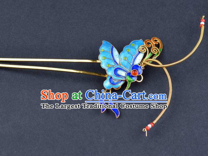 Traditional China Qing Dynasty Palace Hair Stick Handmade Hair Ornament Ancient Empress Enamel Butterfly Hairpin