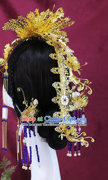 Traditional China Wedding Phoenix Coronet Ancient Empress Golden Hair Crown Handmade Hair Ornament