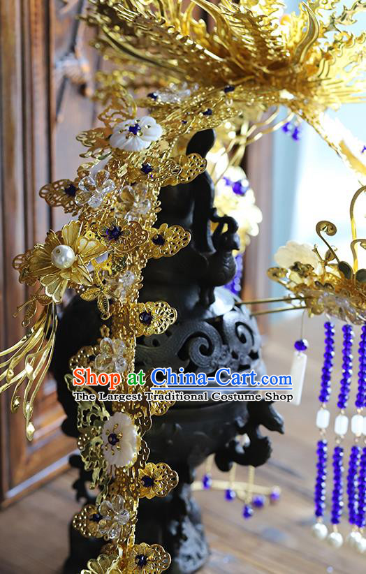 Traditional China Wedding Phoenix Coronet Ancient Empress Golden Hair Crown Handmade Hair Ornament