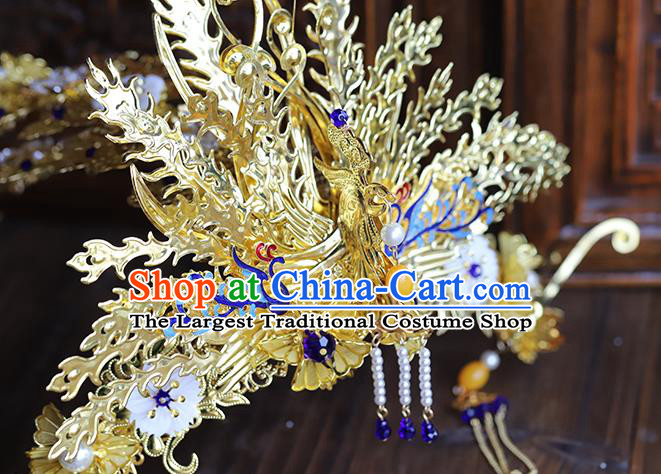 Traditional China Wedding Phoenix Coronet Ancient Empress Golden Hair Crown Handmade Hair Ornament