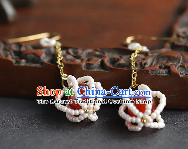 Handmade Chinese Traditional Wedding Red Agate Ear Accessories Ancient Empress Beads Earrings