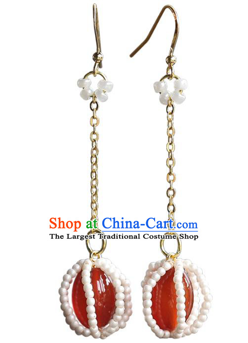Handmade Chinese Traditional Wedding Red Agate Ear Accessories Ancient Empress Beads Earrings