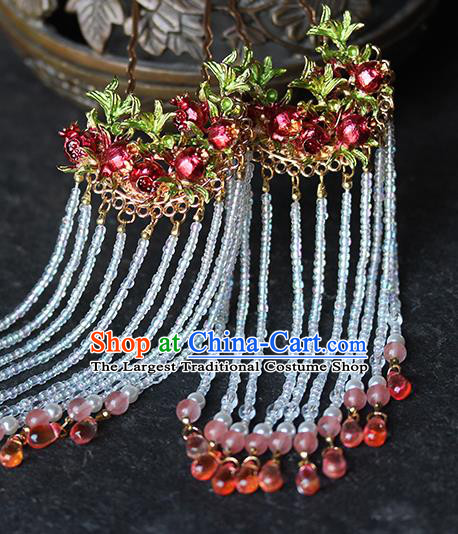 Traditional China Handmade Red Pomegranate Hair Crown Wedding Hair Ornament Ancient Bride Tassel Hairpins Full Set