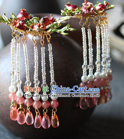 Traditional China Handmade Red Pomegranate Hair Crown Wedding Hair Ornament Ancient Bride Tassel Hairpins Full Set