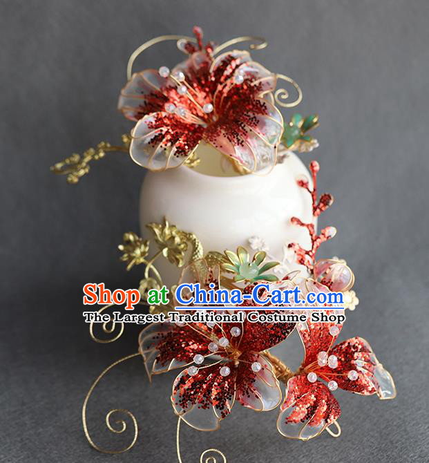 Chinese Traditional Wedding Hair Accessories Ancient Bride Hair Sticks Hanfu Red Flower Hairpin