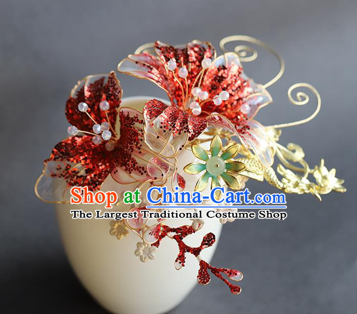 Chinese Traditional Wedding Hair Accessories Ancient Bride Hair Sticks Hanfu Red Flower Hairpin