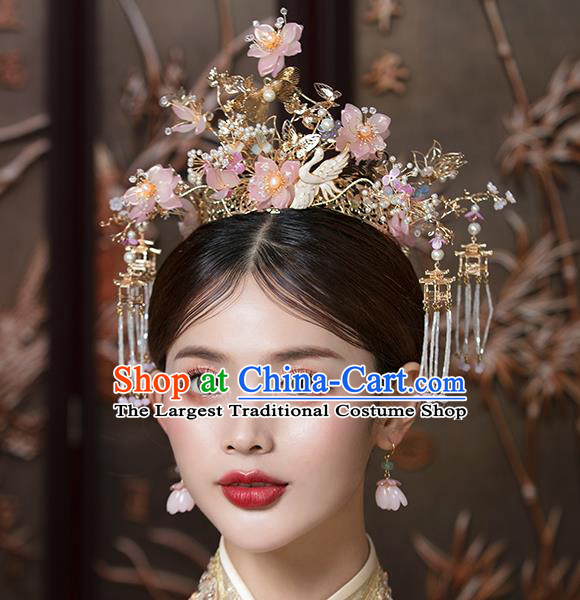 Traditional China Handmade Pink Flowers Hair Crown Ancient Bride Hairpins Phoenix Coronet Wedding Hair Ornament Full Set