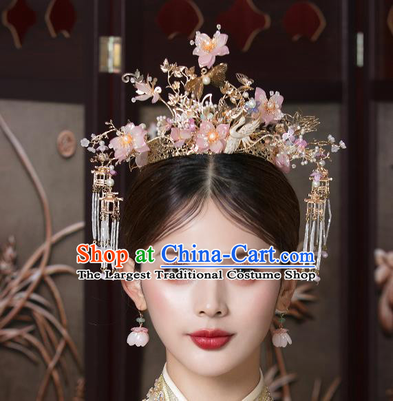 Traditional China Handmade Pink Flowers Hair Crown Ancient Bride Hairpins Phoenix Coronet Wedding Hair Ornament Full Set
