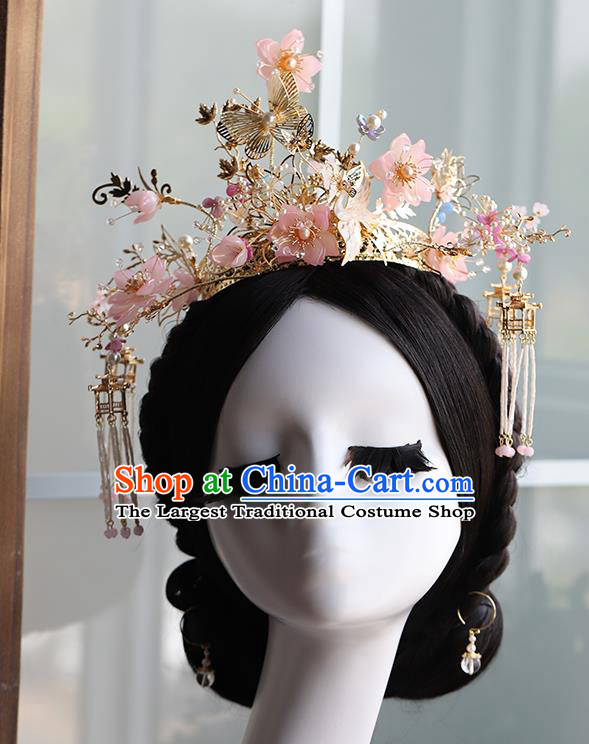 Traditional China Handmade Pink Flowers Hair Crown Ancient Bride Hairpins Phoenix Coronet Wedding Hair Ornament Full Set