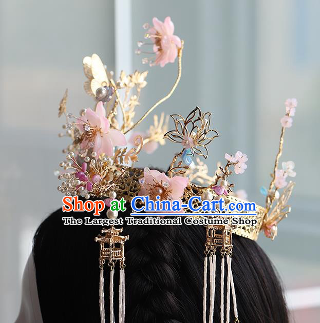 Traditional China Handmade Pink Flowers Hair Crown Ancient Bride Hairpins Phoenix Coronet Wedding Hair Ornament Full Set