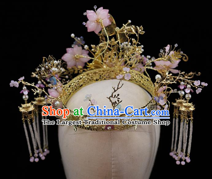Traditional China Handmade Pink Flowers Hair Crown Ancient Bride Hairpins Phoenix Coronet Wedding Hair Ornament Full Set