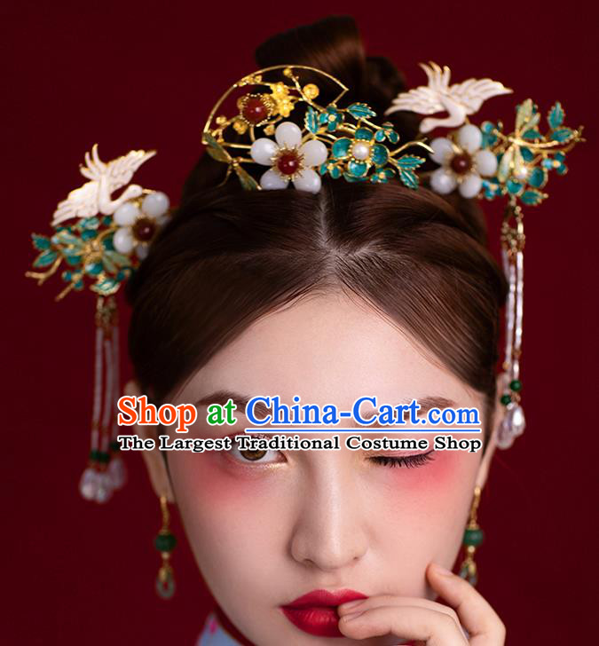 Traditional China Ancient Bride Crane Hairpins Wedding Hair Ornament Handmade Plum Hair Comb Full Set