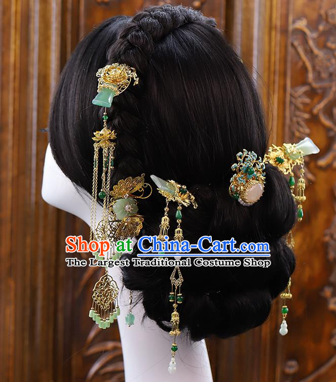 Traditional China Ancient Bride Jade Hairpins Wedding Hair Ornament Handmade Hair Comb Full Set
