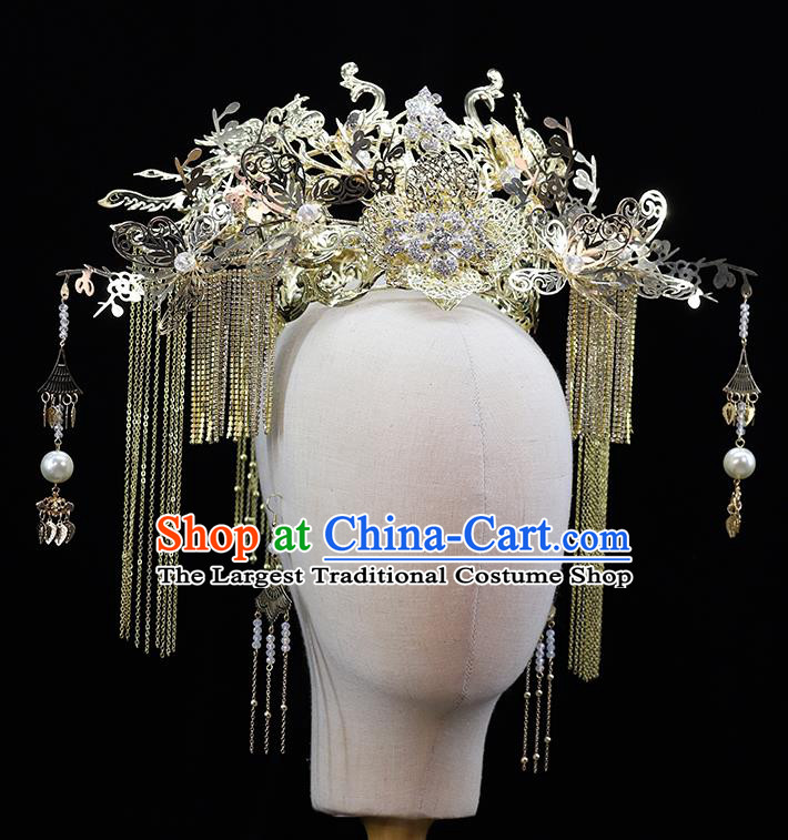 Traditional China Ancient Bride Hair Crown Hairpins Wedding Hair Ornament Handmade Golden Phoenix Coronet Full Set