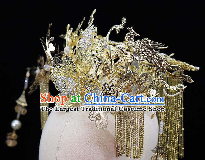 Traditional China Ancient Bride Hair Crown Hairpins Wedding Hair Ornament Handmade Golden Phoenix Coronet Full Set