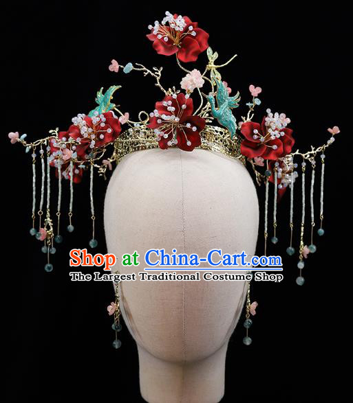 Traditional China Ancient Bride Red Flowers Hair Crown Hairpins Handmade Phoenix Coronet Wedding Hair Ornament Full Set