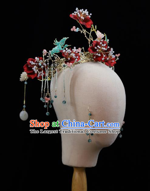 Traditional China Ancient Bride Red Flowers Hair Crown Hairpins Handmade Phoenix Coronet Wedding Hair Ornament Full Set