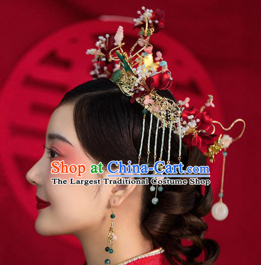 Traditional China Ancient Bride Red Flowers Hair Crown Hairpins Handmade Phoenix Coronet Wedding Hair Ornament Full Set