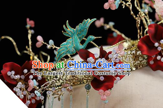 Traditional China Ancient Bride Red Flowers Hair Crown Hairpins Handmade Phoenix Coronet Wedding Hair Ornament Full Set