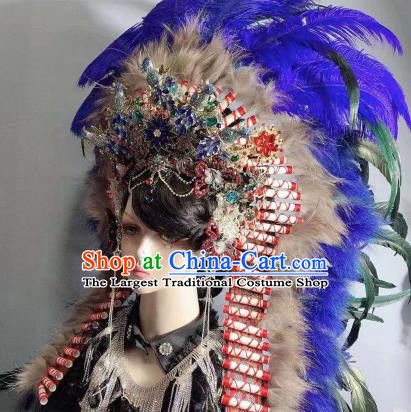 Top Court Handmade Indian Chief Royalblue Feather Hat Halloween Stage Show Hair Ornament Baroque Deluxe Headdress