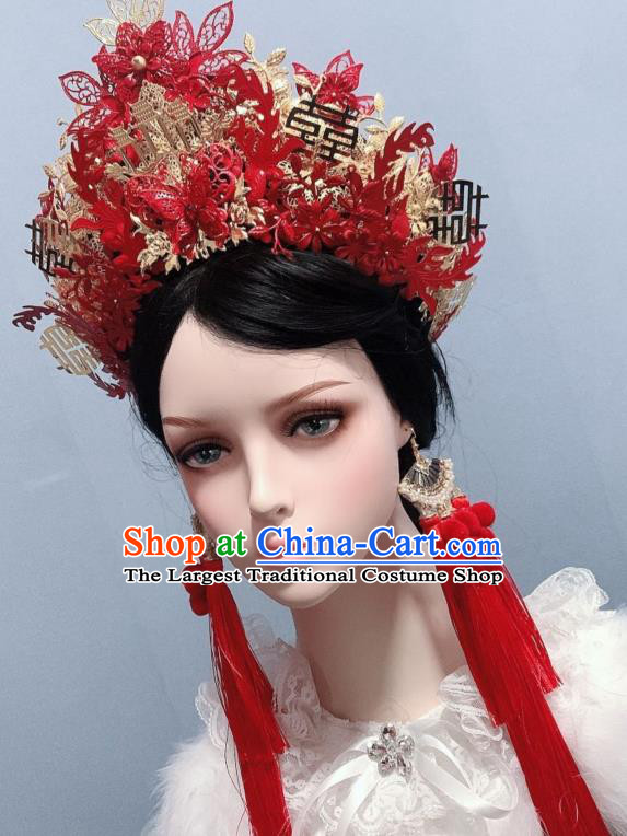 Handmade Wedding Red Hair Crown Chinese Traditional Phoenix Coronet Hair Accessories Ancient Bride Headwear