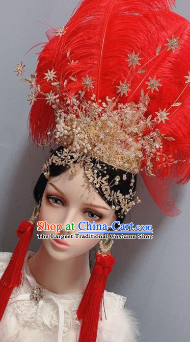Handmade Chinese Wedding Red Feather Hair Crown Traditional Hair Accessories Ancient Bride Headwear