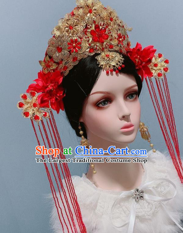 Handmade Chinese Qing Dynasty Wedding Red Hair Crown Traditional Hair Accessories Ancient Empress Headwear