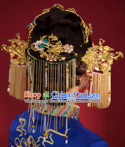 Traditional China Ancient Bride Golden Hair Crown Hairpins Handmade Phoenix Coronet Wedding Hair Ornament Full Set